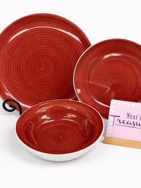 Dover & York RINGS SWIRL Circles Rust Red Stoneware Dinner & Salad Plate + Bowl